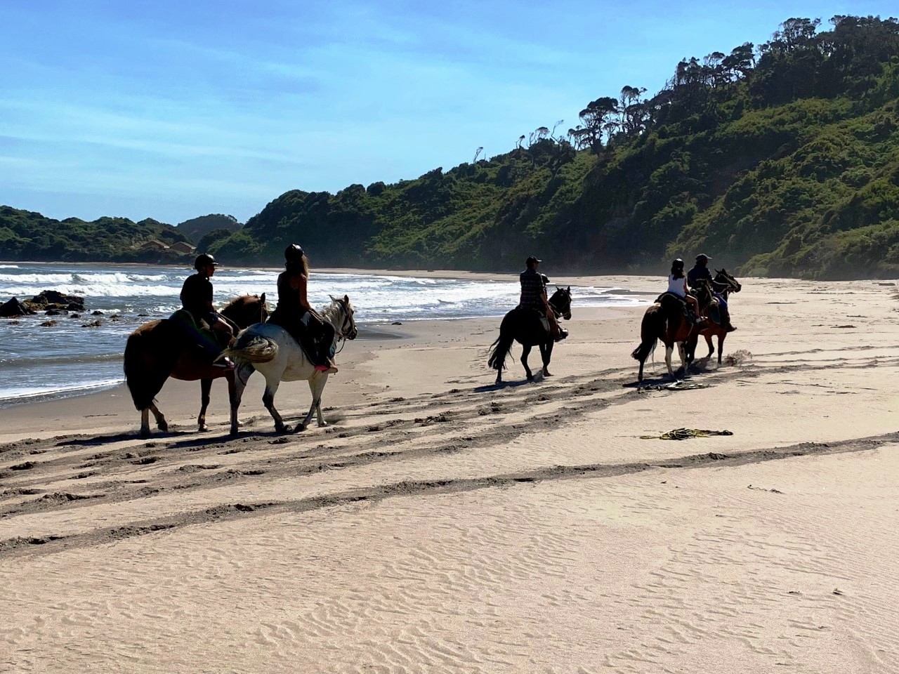 Cinco personas cabalgando en la playa del Hotel Mari Mari