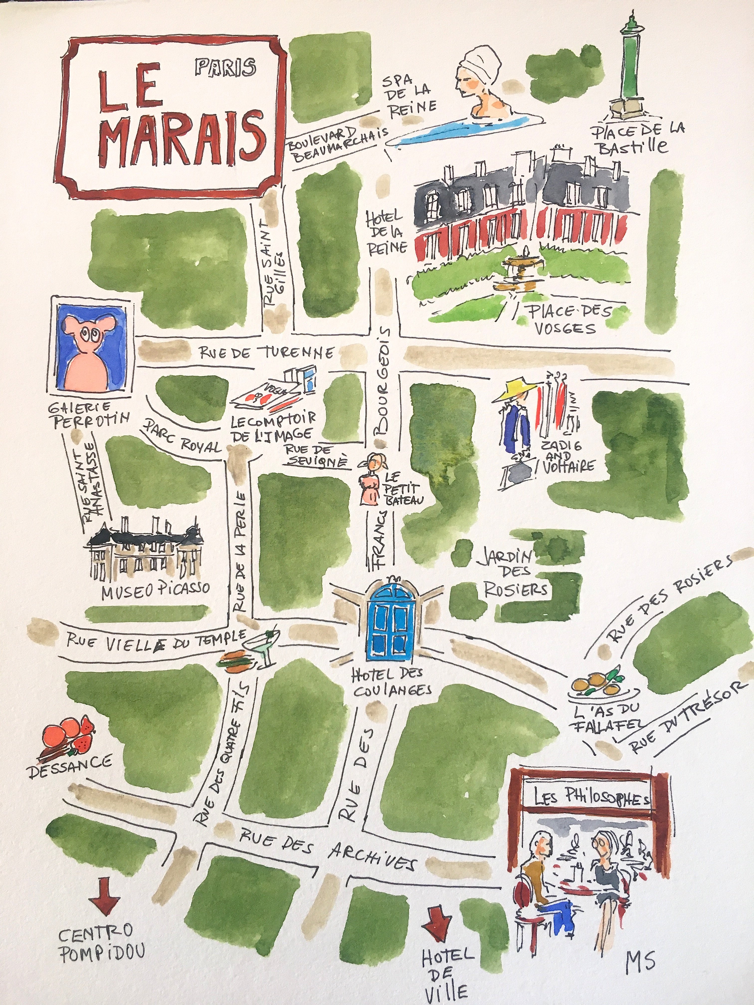 Mapa ilustrado de Le Marais en un viaje a París