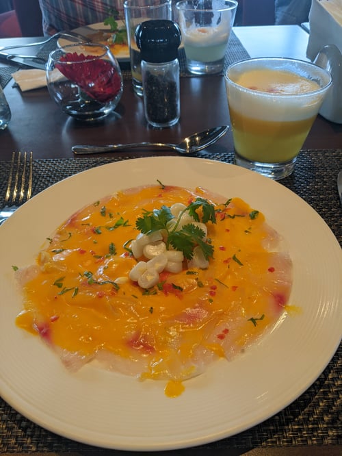 Tiradito en restaurante Paprika en aeropuerto de Lima, viaje a Perú