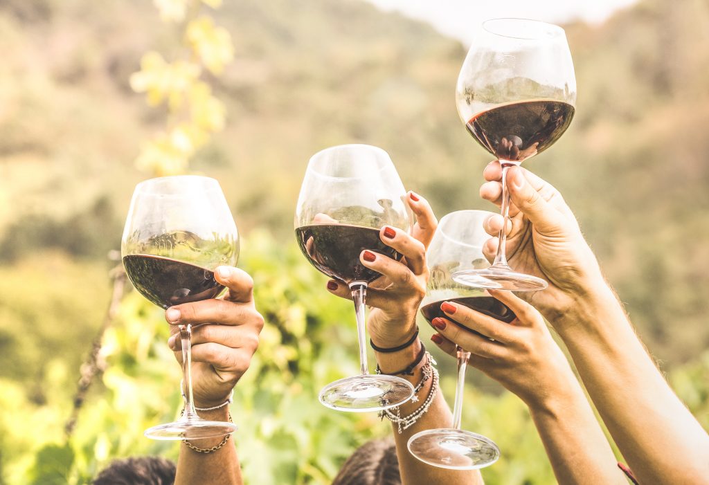 Personas haciendo un salud con copas de vino